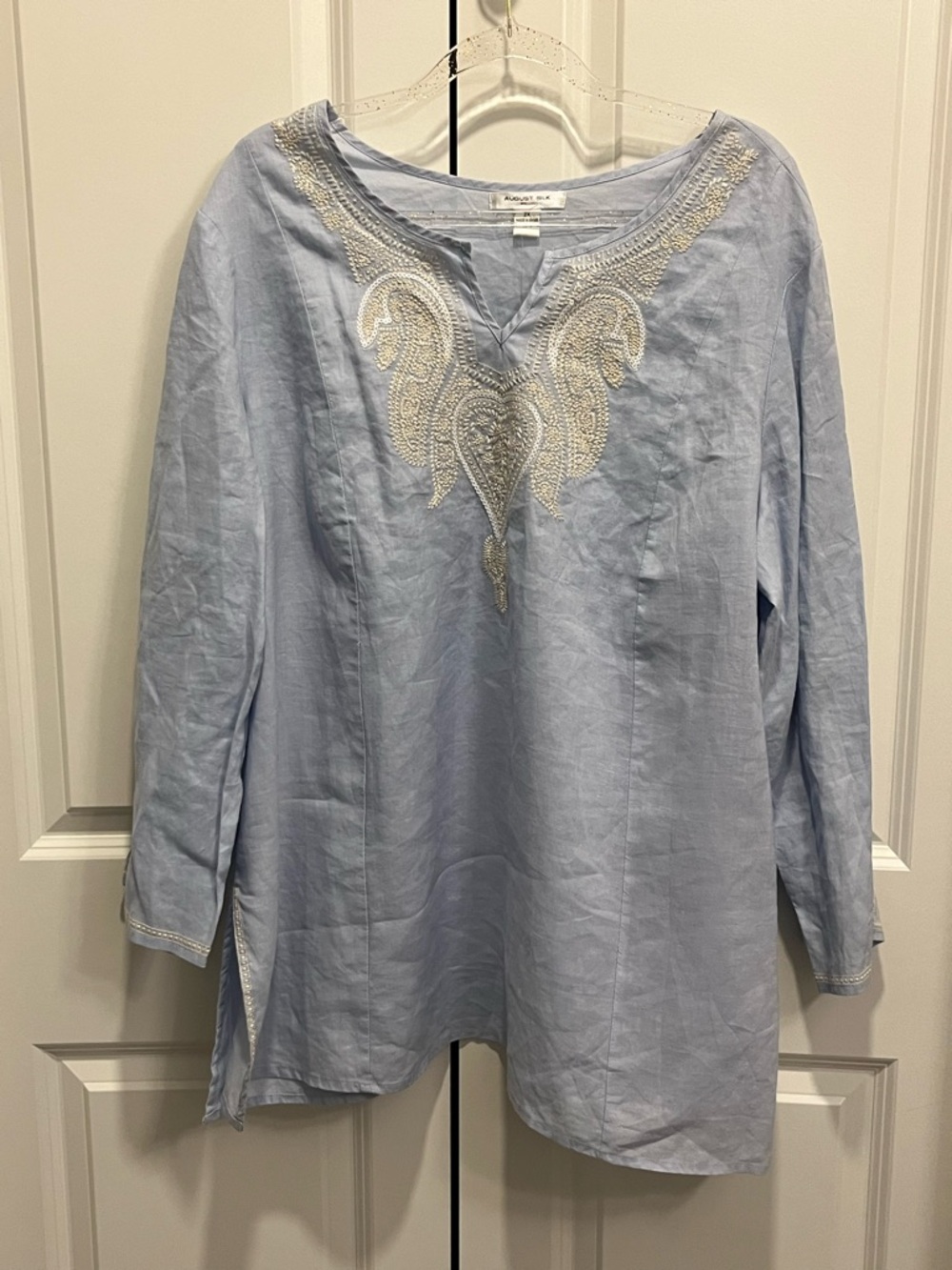 NWT 100% Linen Baby Blue Tunic Top Embroidery, Sequins Women’s 2X Coastal Beach